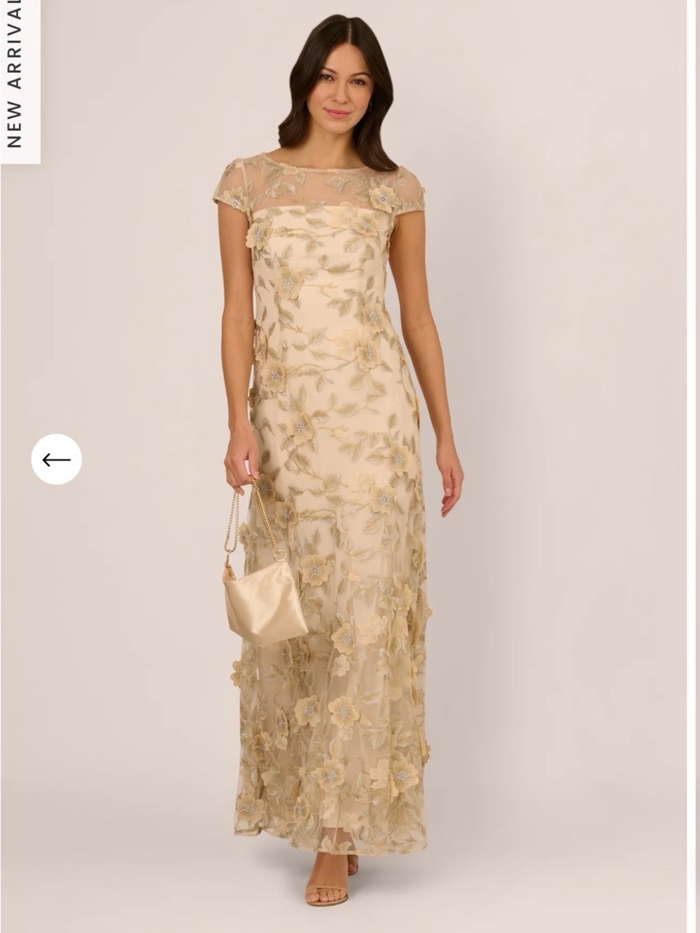 Adrianna Papell Champagne Floral Embroidered Godet Gown Cap Sleeve Maxi Dress